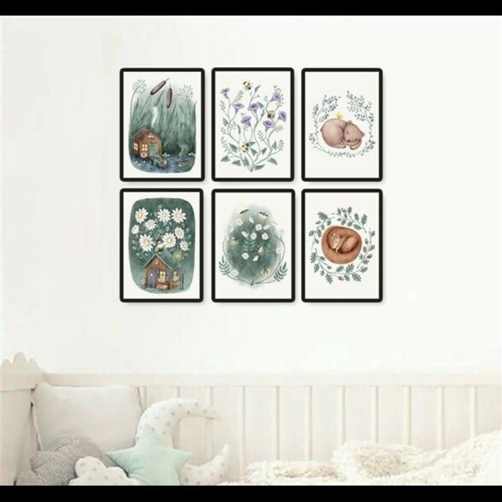 Nursery Decor Spring Summer Floral Bear Squirrel Scenes Wall Art Prints Set of 6